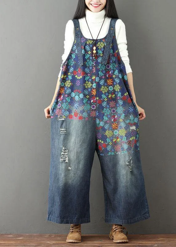 Elegant Blue Casual Print Wide Leg Denim jumpsuit