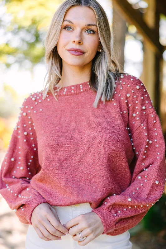 Can't Help But Love Amber Orange Pearl Studded Sweater