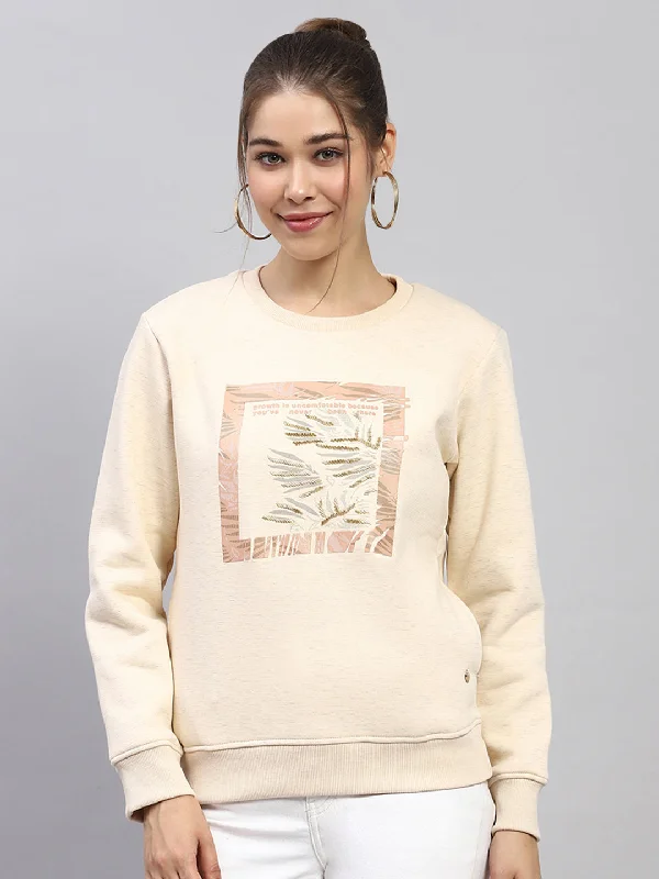 Women Beige Printed Round Neck Full Sleeve Sweatshirt