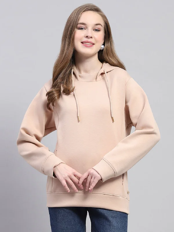 Women Beige Solid Hooded Full Sleeve Sweatshirt