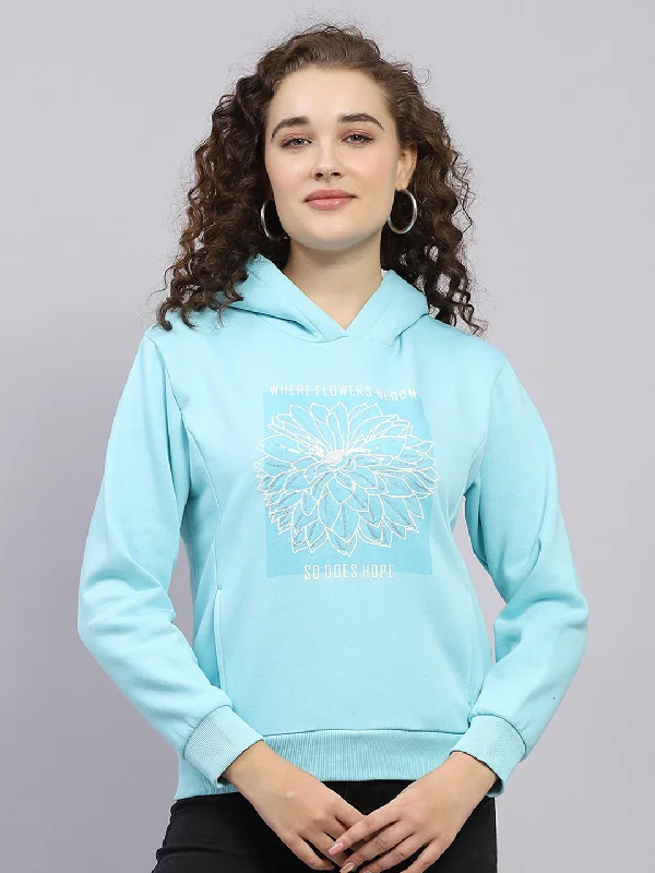 Women Blue Printed Hooded Full Sleeve Sweatshirt