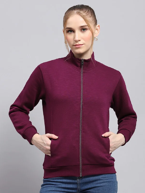 Women Burgundy Solid Mock Neck Full Sleeve Sweatshirt