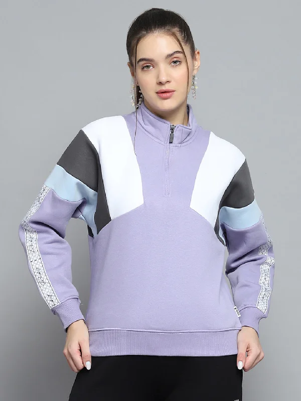 Women Purple Solid Mock Neck Full Sleeve Sweatshirt