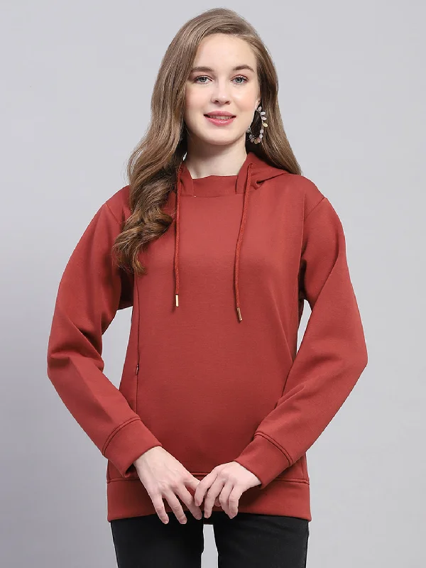 Women Rust Solid Hooded Full Sleeve Sweatshirt